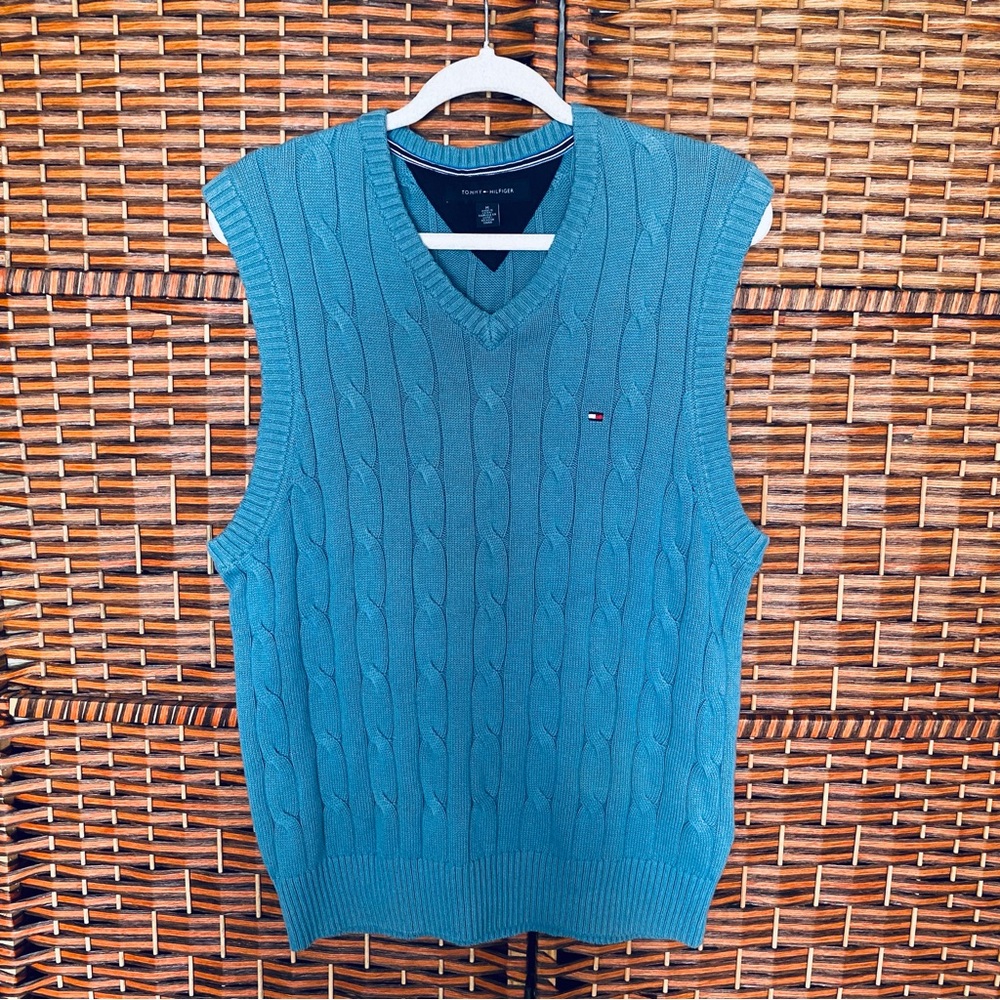 Tommy Hilfiger Vintage Blue Gray Cable Knit Vest
